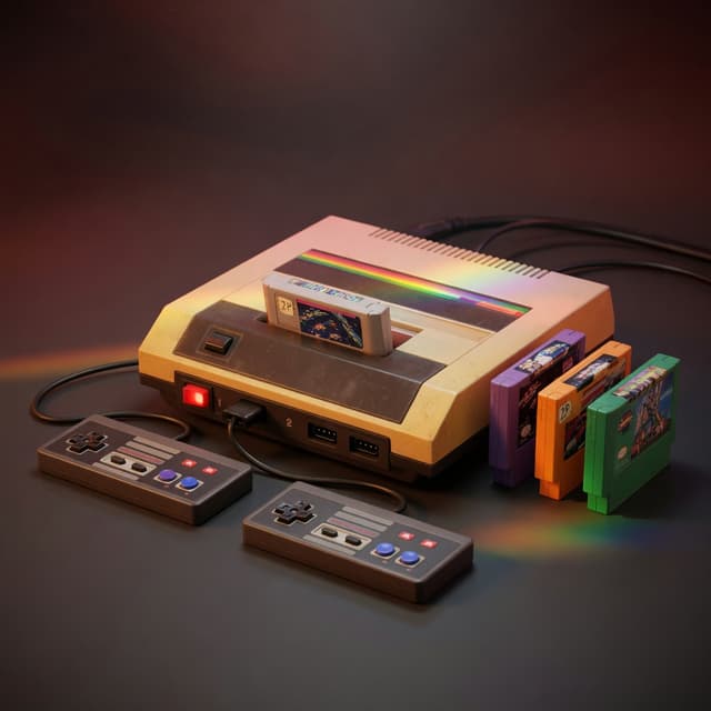 Vintage retro gaming console with controllers and cartridges